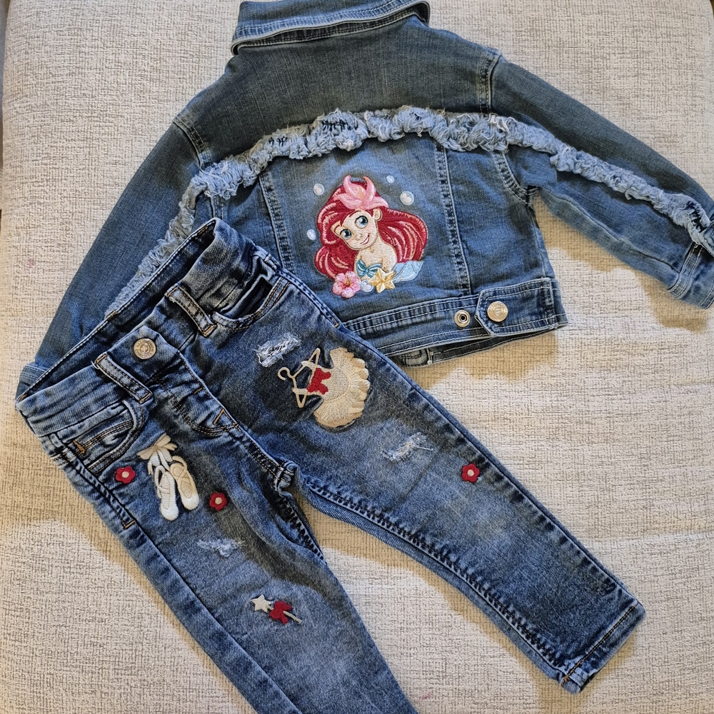 MONNALISA Denim Jacket and Jeans Set with Bows And Little Mermaid Emb Embroidery